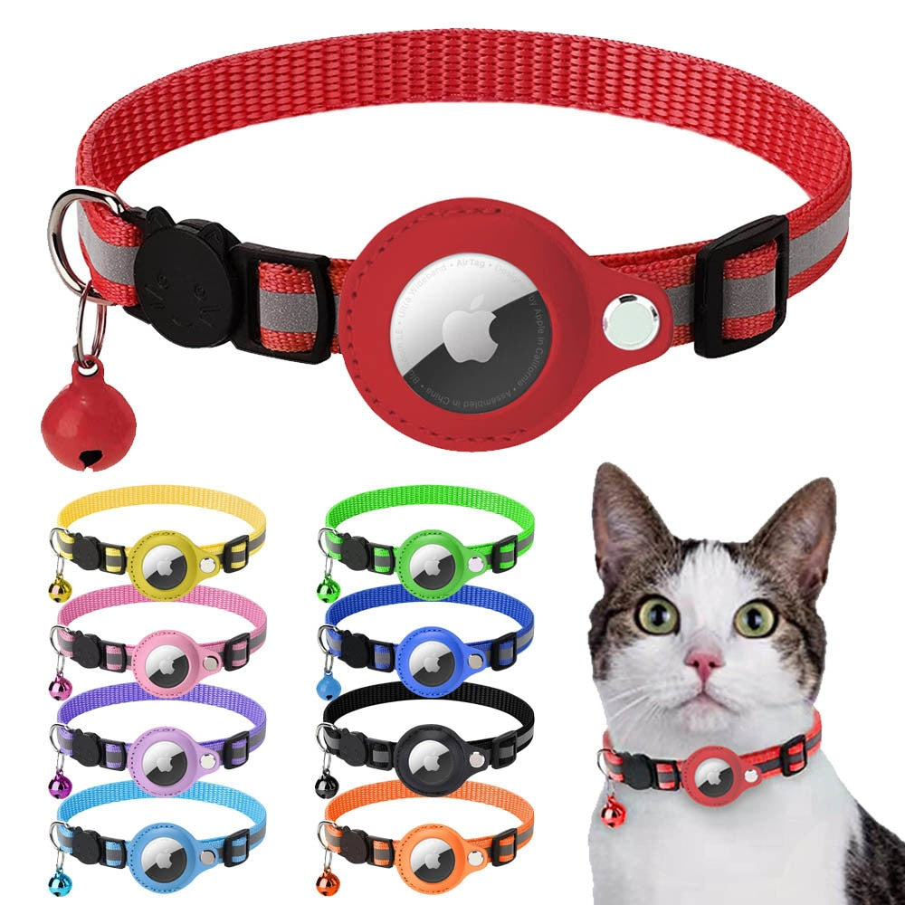 Red reflective nylon collar with AirTag holder and bell on a cat, with multiple color options shown below.