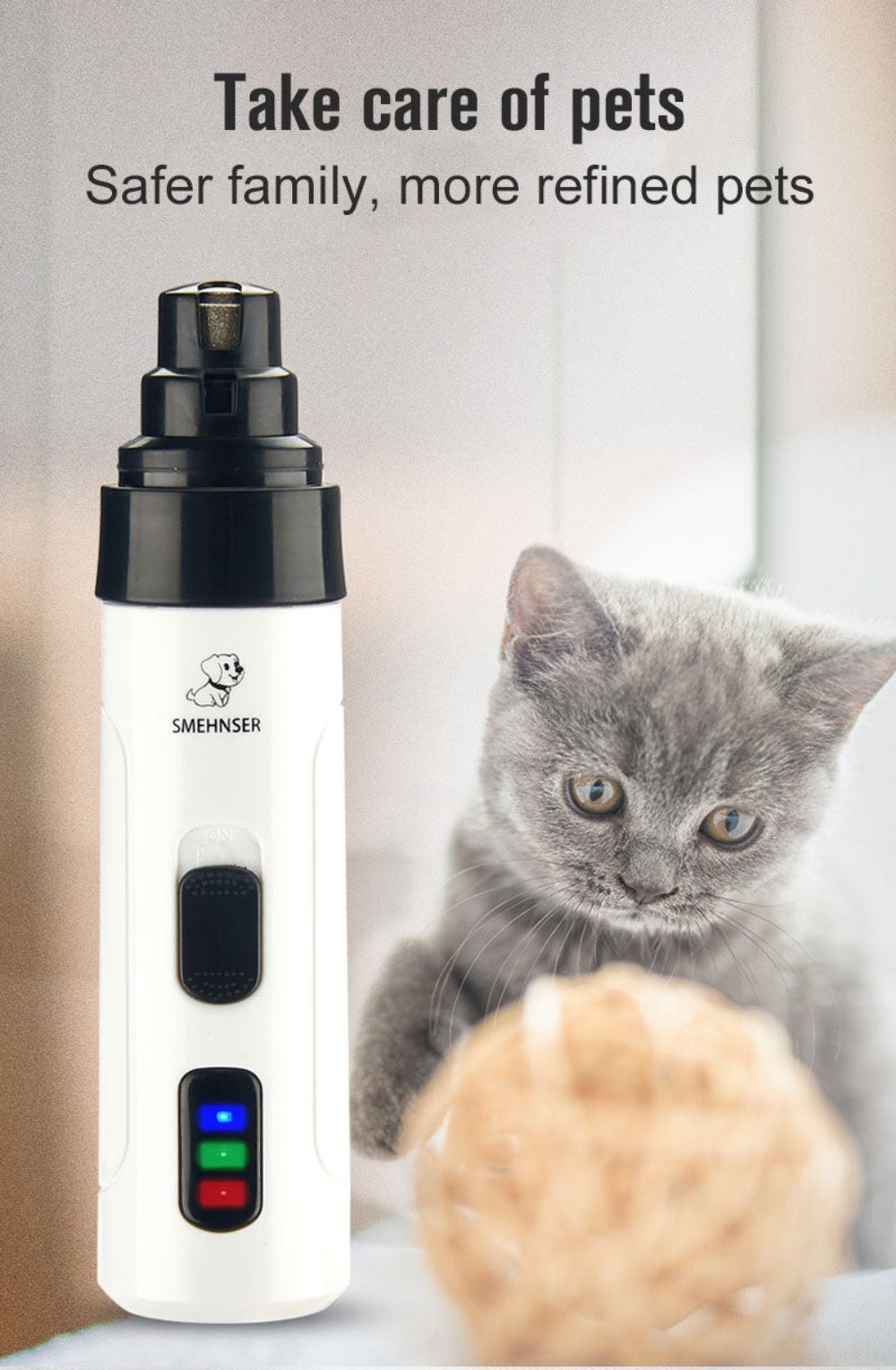 vertical cordless pet nail grinder standing beside a curious cat
