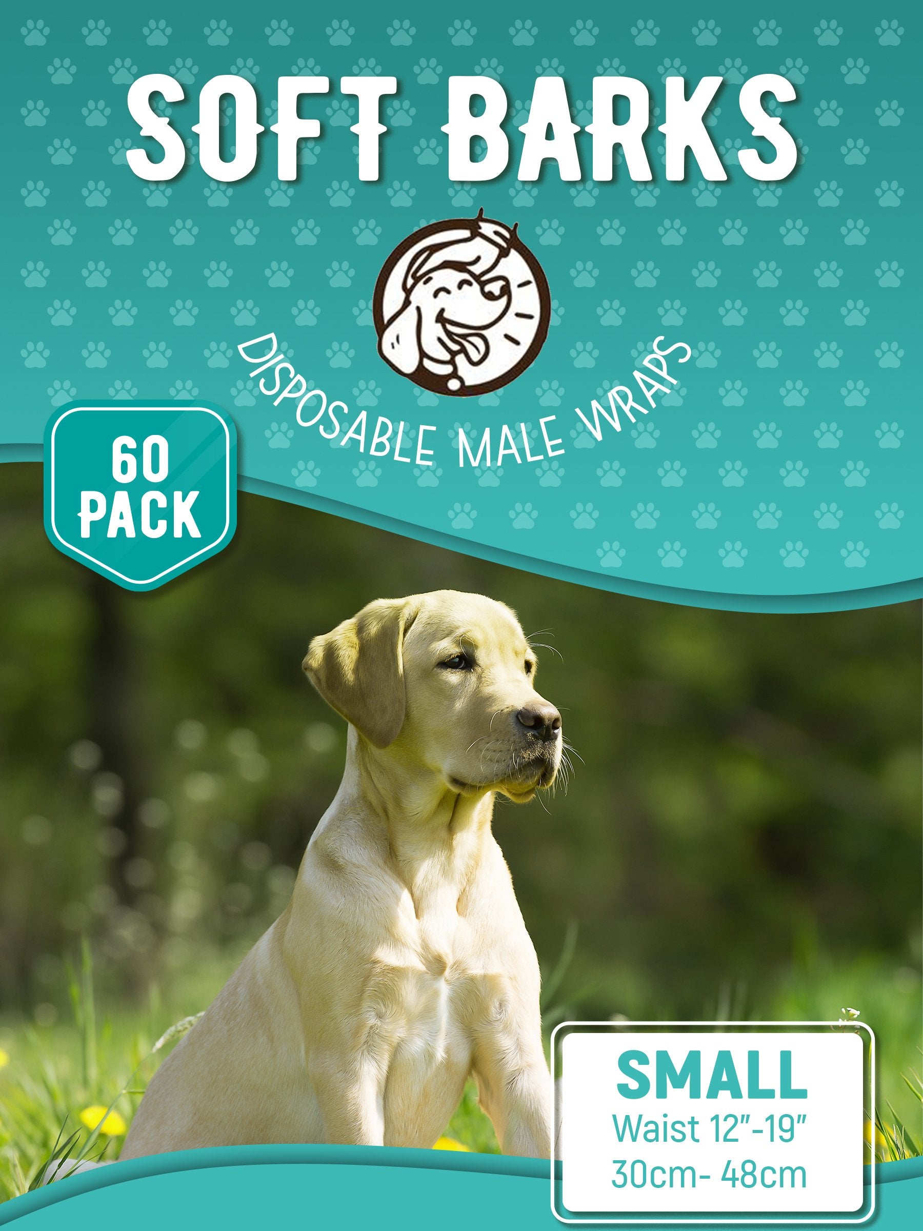 Yellow lab puppy on “Soft Barks” Small 60-pack packaging for disposable male wrap dog diapers.
