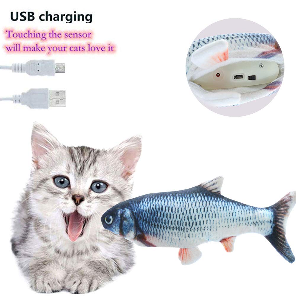 Cat beside fish plush with detail of built-in sensor and USB charging interface.