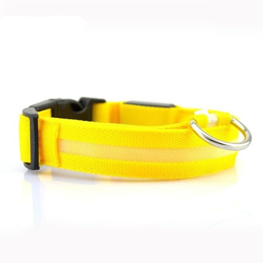 Adjustable yellow nylon LED dog collar with metal D-ring on white background.