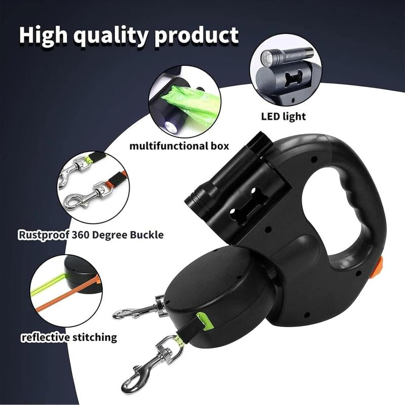 Tangle-Free Dual Dog Leash with 360° Swivel Head – for 2 Small to Medium Dogs (30 Lbs), 10Ft Retractable Leash, Lightweight Anti-Wear Handle,