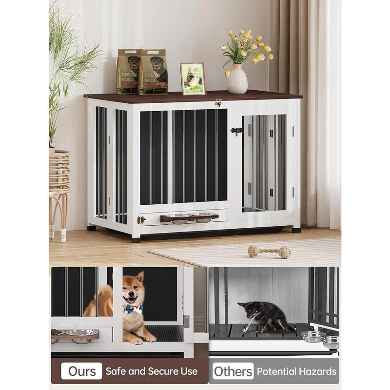 39.4'' Dog Crate Furniture, Foldable Wooden Dog Kennel with 360° Feeder, Detachable Tray, Easy Assembly for Medium & Large Dogs Cage Home Pet Supplies