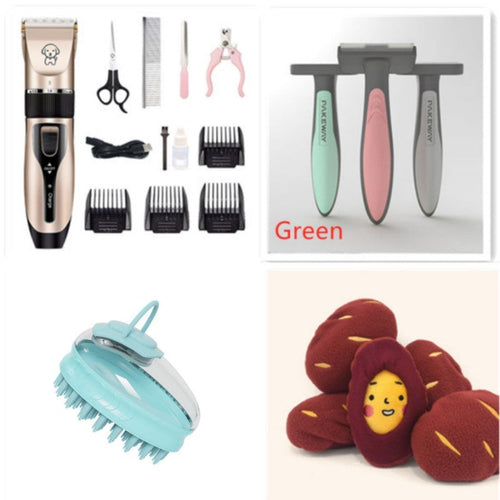 Green pet deshedding rake shown with clipper kit for home grooming.
