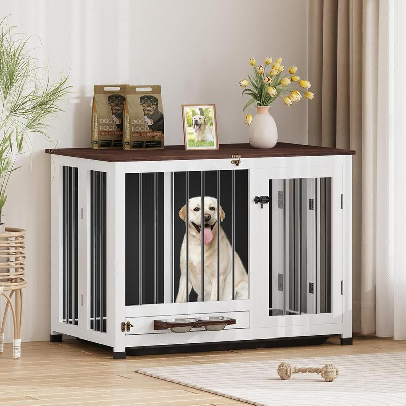 39.4'' Dog Crate Furniture, Foldable Wooden Dog Kennel with 360° Feeder, Detachable Tray, Easy Assembly for Medium & Large Dogs Cage Home Pet Supplies