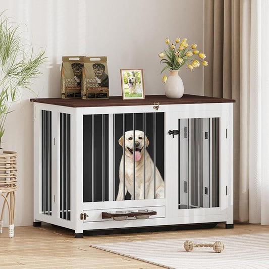 39.4'' Dog Crate Furniture, Foldable Wooden Dog Kennel with 360° Feeder, Detachable Tray, Easy Assembly for Medium & Large Dogs Cage Home Pet Supplies
