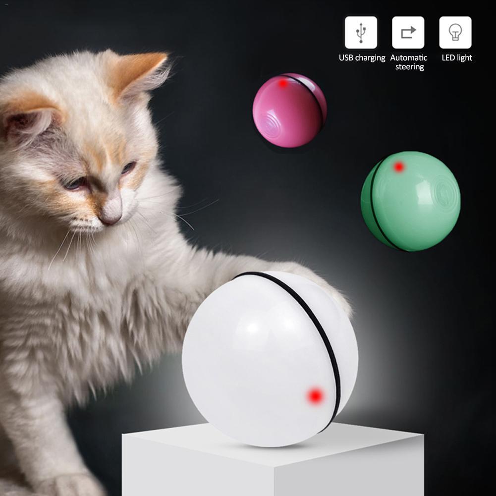 Cat batting a self-moving LED toy ball with multiple color options.
